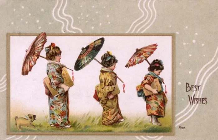 Framed Print : Three European Children dressed as Japanese (and a pug dog) Framed Print : Three European Children dressed as Japanese (and a pug dog)