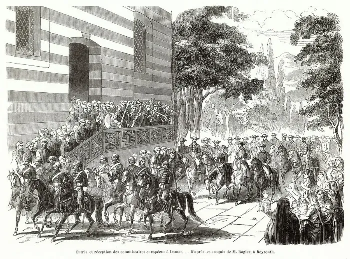 Framed Print : The European commission, protesting to the Turkish government against the massacres of Maronite Christians, arrives in Damascus Date: early 1861 Framed Print : The European commission, protesting to the Turkish government against the massacres of Maronite Christians, arrives in Damascus Date: early 1861