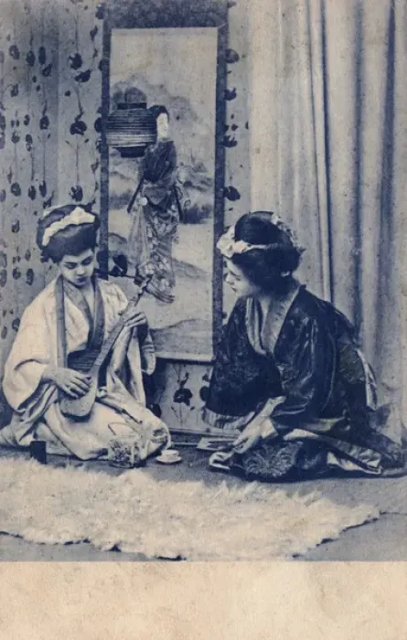 Framed Print : Two European girls dressed as Geishas playing music Framed Print : Two European girls dressed as Geishas playing music