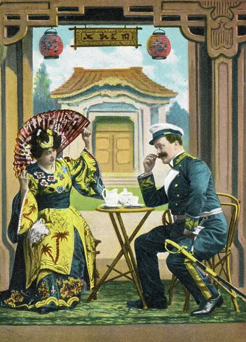 Framed Print : European Military Officer taking tea with a Chinese lady Framed Print : European Military Officer taking tea with a Chinese lady