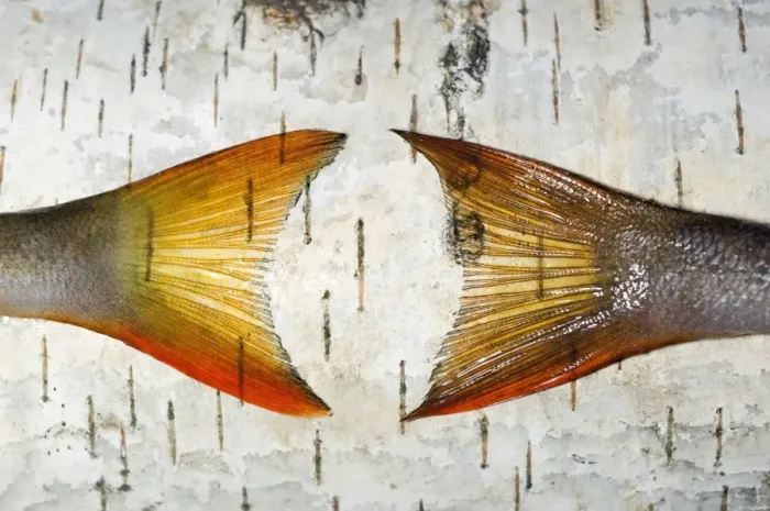 Framed Print : European Perch - two fish-tails placed on a birch-tree Framed Print : European Perch - two fish-tails placed on a birch-tree