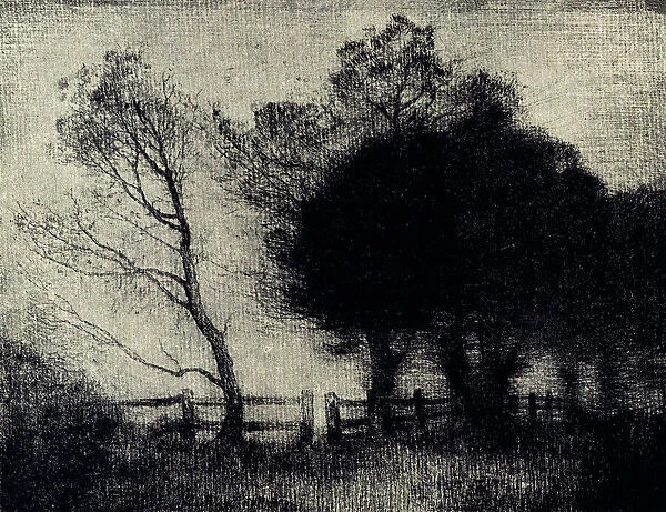 Evening. A landscape drypoint etching of some trees along a fence line