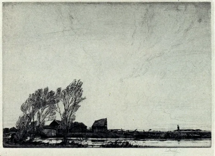 Framed Print : Evening. An etching showing a vast expanse of sky Framed Print : Evening. An etching showing a vast expanse of sky