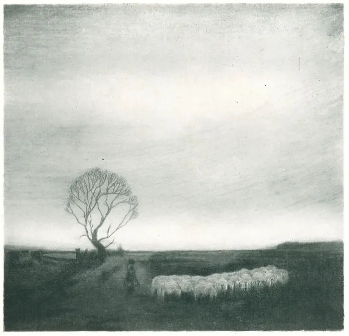 Framed Print : Evening. An etching which provides a gloomy view of a shepherd with his Framed Print : Evening. An etching which provides a gloomy view of a shepherd with his