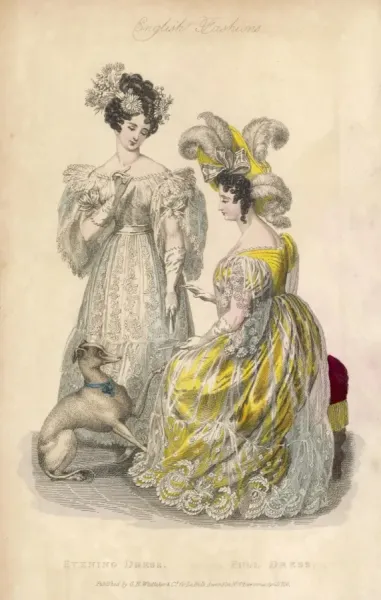 Evening Dress 1830 Print: Ladies and Their Faithful Dog. Art Prints, Posters & Puzzles from Mary Evans Evening Dress 1830 Print: Ladies and Their Faithful Dog. Art Prints, Posters & Puzzles from Mary Evans