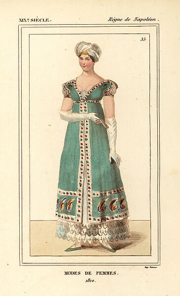 Evening dress, French womens fashions, Napoleonic era, 1810