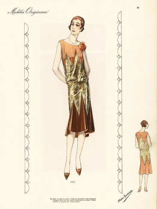 Framed Print : Evening dress of velvet chiffon decorated with gold silk muslin
