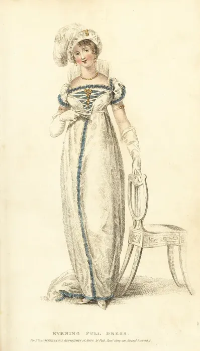Framed Print : Evening dress in white satin trimmed with blue velvet, 1809 Framed Print : Evening dress in white satin trimmed with blue velvet, 1809