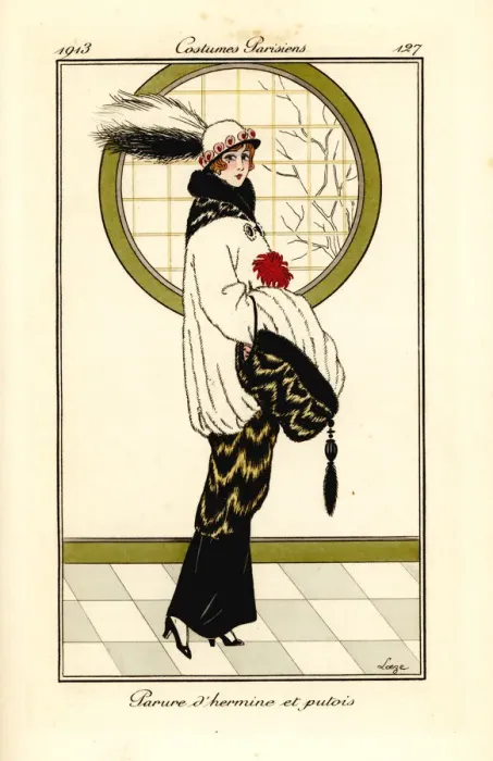 Framed Print : Evening outfit of cape in ermine and polecat fur, 1913 Framed Print : Evening outfit of cape in ermine and polecat fur, 1913