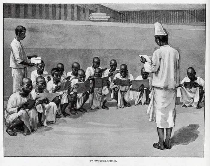 Framed Print : Evening School, Burmese prison, illustration of prisoners Framed Print : Evening School, Burmese prison, illustration of prisoners