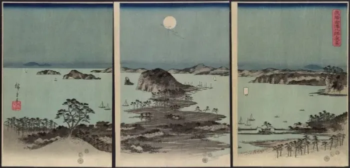 Framed Print : Evening view of the eight famous sites at Kanazawa in Musash Framed Print : Evening view of the eight famous sites at Kanazawa in Musash