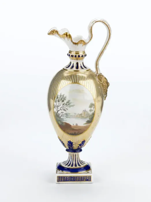 Framed Print : Ewer made from porcelain, painted in gold and blue on a white ground with Framed Print : Ewer made from porcelain, painted in gold and blue on a white ground with