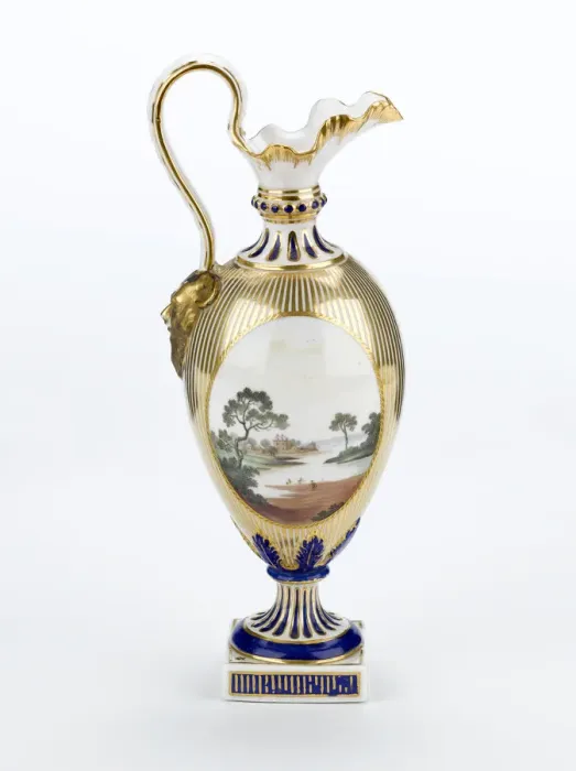 Framed Print : Ewer made from porcelain, painted in gold and blue on a white ground with Framed Print : Ewer made from porcelain, painted in gold and blue on a white ground with