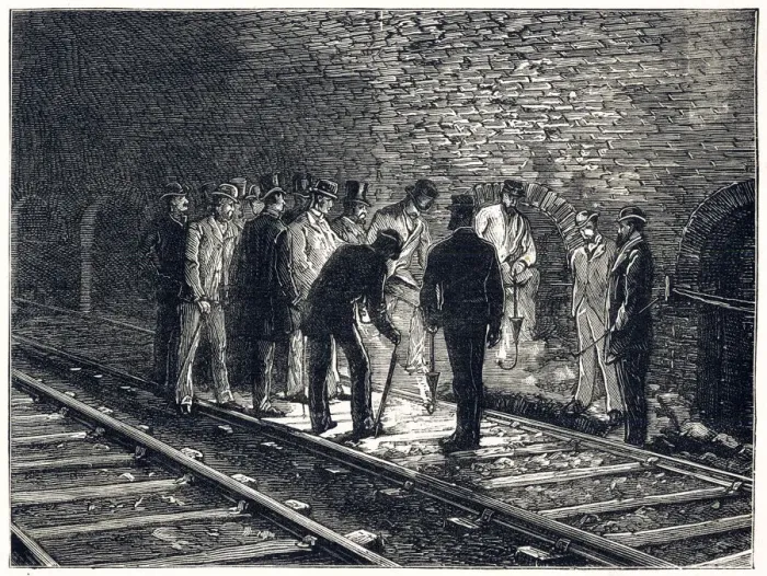 Framed Print : Examination of underground railway tunnel after explosion Framed Print : Examination of underground railway tunnel after explosion