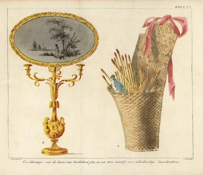 Framed Print : Examples of candlestick with embroidered screen and straw basket Framed Print : Examples of candlestick with embroidered screen and straw basket