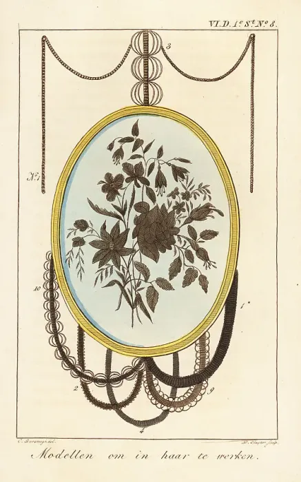 Framed Print : Examples of decorative chains made of human hair around an embro Framed Print : Examples of decorative chains made of human hair around an embro