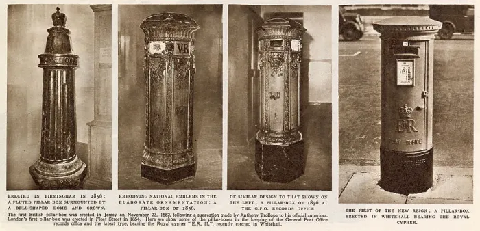 Framed Print : Four examples of pillar boxes (or post boxes): a fluted example with a dome and crown, erected in Birmingham in 1856, another on featuring elaborate ornamentation from 1856 incorporating national emblems Framed Print : Four examples of pillar boxes (or post boxes): a fluted example with a dome and crown, erected in Birmingham in 1856, another on featuring elaborate ornamentation from 1856 incorporating national emblems