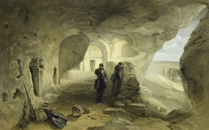 Framed Print : Excavated church in the caverns at Inkermann, looking west Framed Print : Excavated church in the caverns at Inkermann, looking west