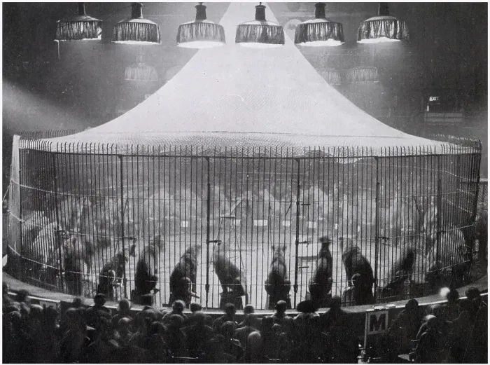 Framed Print : Exhibition at the Olympia Circus, with forty-five lions seated in a steel cage, with their trainer Captain Alfred. Date: 1926