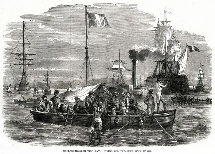 Framed Print : Exploration in Vigo Bay, diving for treasure sunk 1870 Framed Print : Exploration in Vigo Bay, diving for treasure sunk 1870