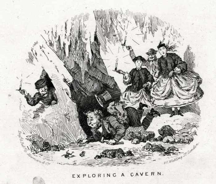 Framed Print : Exploring a cavern, comical Victorian pastime Framed Print : Exploring a cavern, comical Victorian pastime