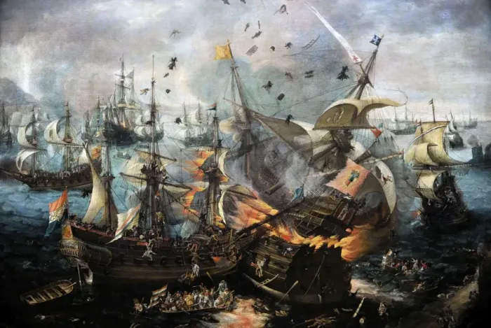 Framed Print : The Explosion of the Spanish Flagship during the Battle of G Framed Print : The Explosion of the Spanish Flagship during the Battle of G