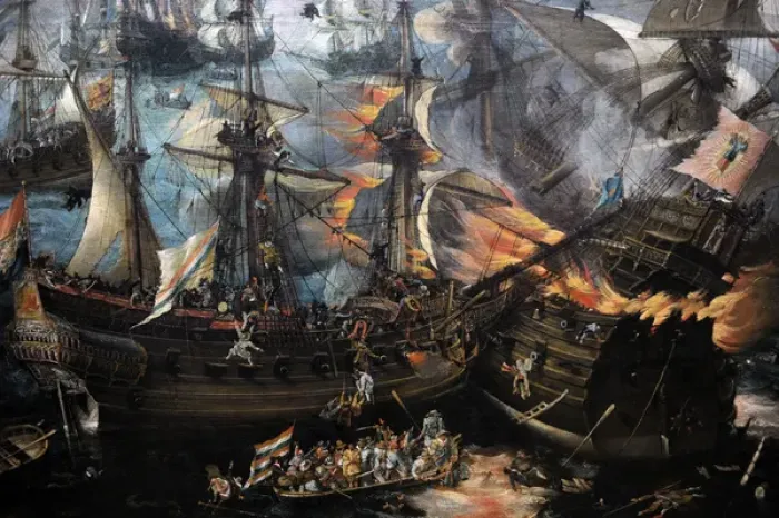 Framed Print : The Explosion of the Spanish Flagship during the Battle of G Framed Print : The Explosion of the Spanish Flagship during the Battle of G