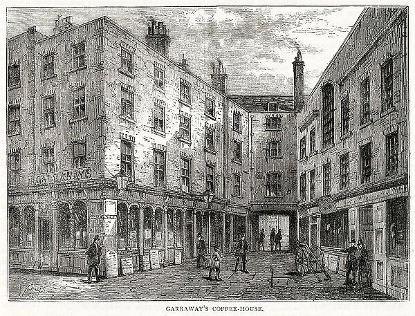 The exterior of Garraway's coffee house in Change Alley, London, rebuilt after a fire in 1748, one of the first to sell tea in the 17th century