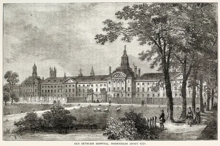 Framed Print : Exterior of Old Bethlem Hospital, Moorfields, London. Date: 1750s Framed Print : Exterior of Old Bethlem Hospital, Moorfields, London. Date: 1750s