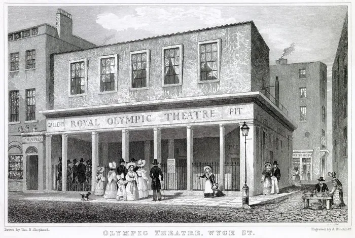 Framed Print : Exterior of Olympic Theatre, located junction of Drury Lane, Wych Street, London, specialised in comedies. Date: 1831 Framed Print : Exterior of Olympic Theatre, located junction of Drury Lane, Wych Street, London, specialised in comedies. Date: 1831