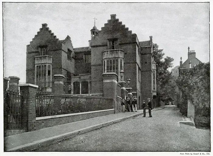 Framed Print : Exterior view of Harrow School, showing boys wearing their boaters. Date: 1896 Framed Print : Exterior view of Harrow School, showing boys wearing their boaters. Date: 1896
