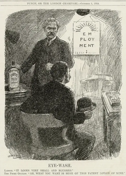 Framed Print : Eye-wash. Ramsay Macdonald flirts with bolshevism. Labour: it looks very small and blurred. The Prime Oculist: Ah, what you want is some of this patent lotion of mine [Soviet Treaty lotion]. Date: 1924