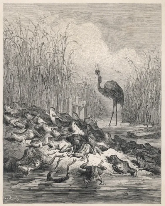Framed Print : Fable / Frogs & Stork Framed Print : Fable / Frogs & Stork