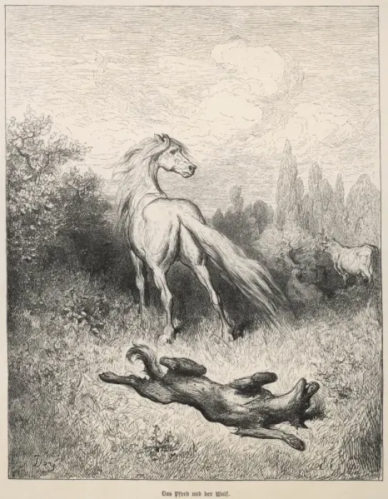 Framed Print : Fable / Horse and Wolf Framed Print : Fable / Horse and Wolf