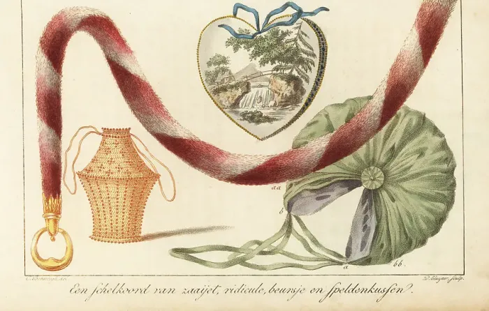 Framed Print : A fabric chain, wicker purse, embroidered ridicule and pincushio Framed Print : A fabric chain, wicker purse, embroidered ridicule and pincushio