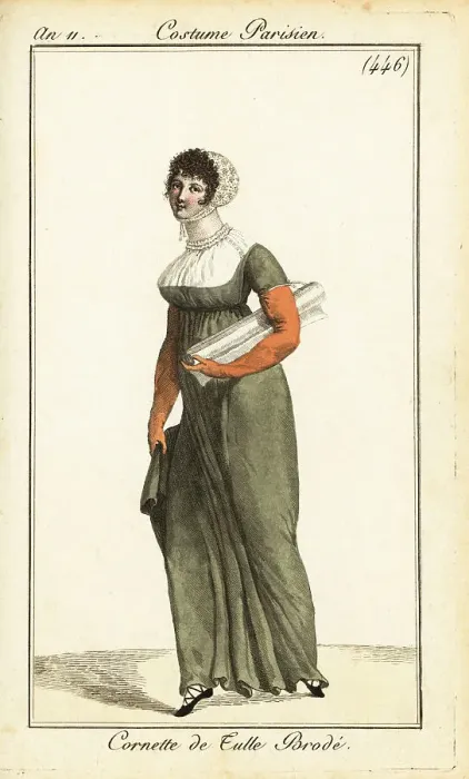Framed Print : Fabric shop girl in cornette cap, Paris, 1803 Framed Print : Fabric shop girl in cornette cap, Paris, 1803