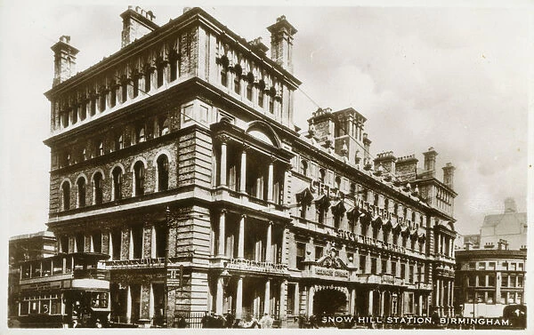 The facade of the original Snow Hill Railway Station on Colmore Row, Birmingham, England