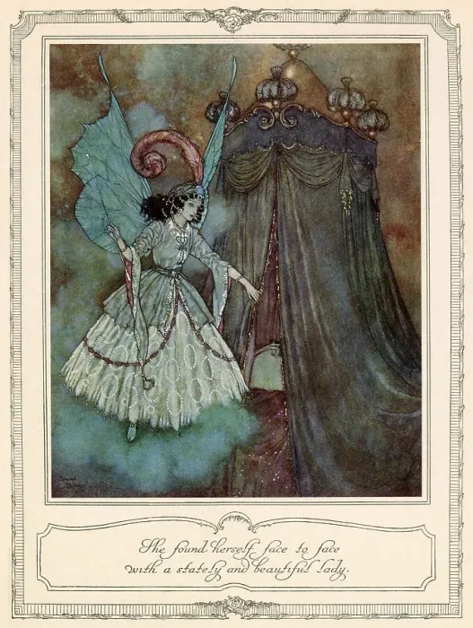 Framed Print : She found herself face to face with a stately and beautiful lady. Scene from Beauty and the Beast illustrated by Edmund Dulac. Date: 1911 Framed Print : She found herself face to face with a stately and beautiful lady. Scene from Beauty and the Beast illustrated by Edmund Dulac. Date: 1911