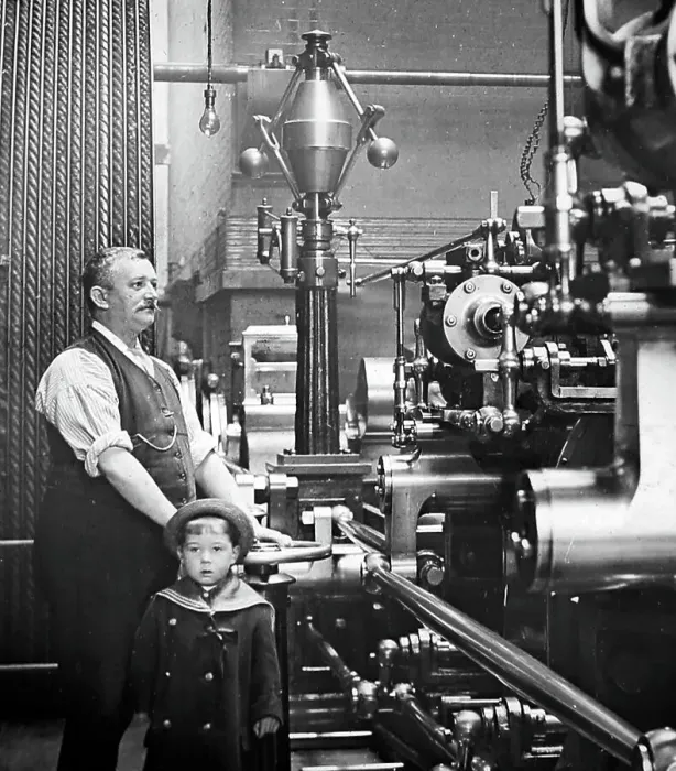 Framed Print : Factory or mill steam engine driver and his son Framed Print : Factory or mill steam engine driver and his son