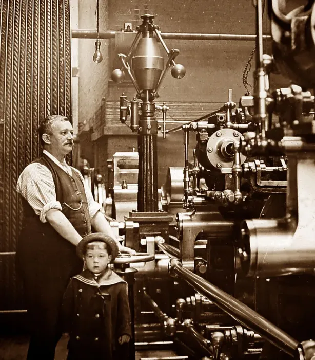 Framed Print : Factory or mill steam engine driver and his son Framed Print : Factory or mill steam engine driver and his son