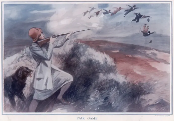 Framed Print : Fair Game. Woman shooting men who are flying through the air like game Framed Print : Fair Game. Woman shooting men who are flying through the air like game