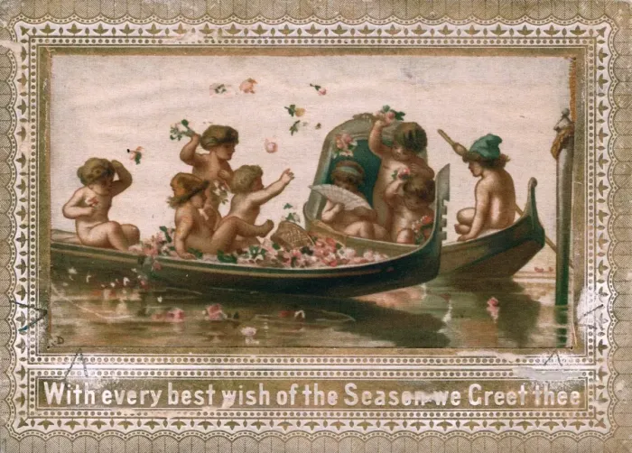 Framed Print : Fairies in boats on a fabric Christmas card Framed Print : Fairies in boats on a fabric Christmas card