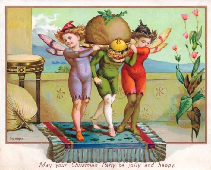 Framed Print : Fairies carrying a pudding on a Christmas card Framed Print : Fairies carrying a pudding on a Christmas card