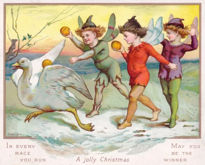 Framed Print : Fairies chasing a goose on a Christmas card Framed Print : Fairies chasing a goose on a Christmas card