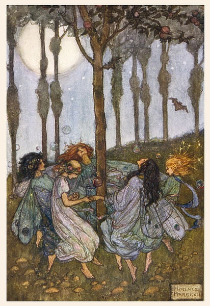 Fairies dancing in a circle beneath the trees