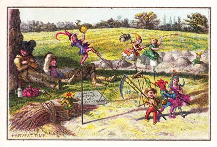 Framed Print : Fairies in a field on a Christmas and New Year card Framed Print : Fairies in a field on a Christmas and New Year card