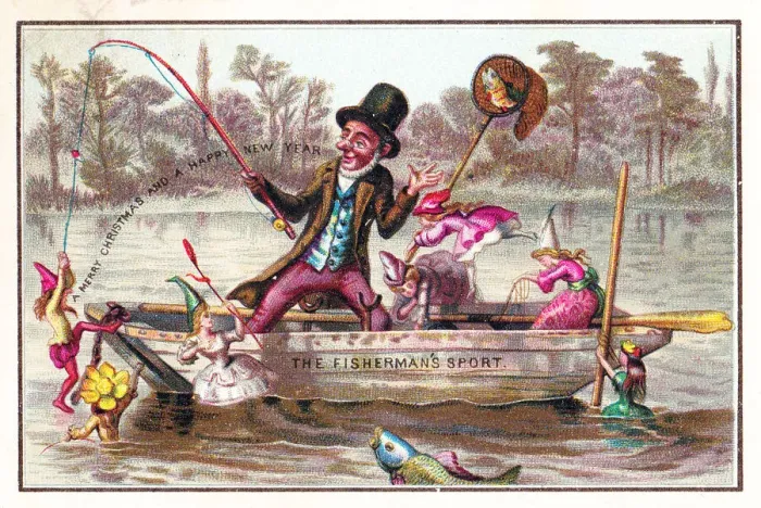 Framed Print : Fairies and fisherman on a Christmas and New Year card Framed Print : Fairies and fisherman on a Christmas and New Year card