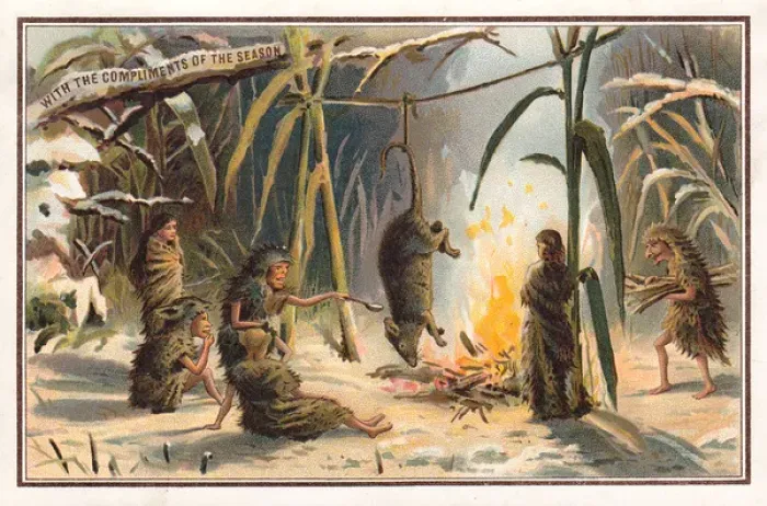 Framed Print : Fairies roasting their dinner on a Christmas card Framed Print : Fairies roasting their dinner on a Christmas card