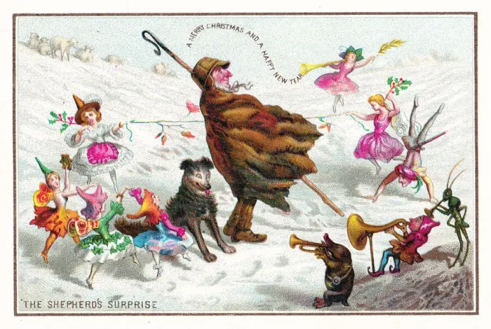 Framed Print : Fairies and shepherd on a Christmas and New Year card Framed Print : Fairies and shepherd on a Christmas and New Year card