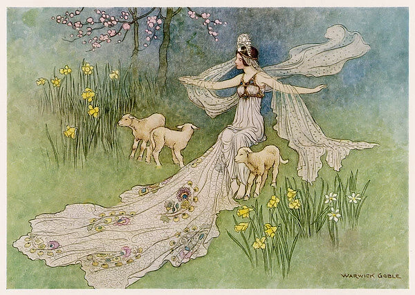 The Fairy Coquette - with three wolves which she has just transformed into lambs